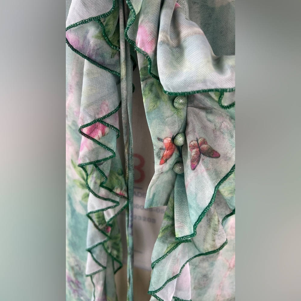 451B-GREEN. Floral Long Mesh Ruffled Cardigan - Picture 8 of 11
